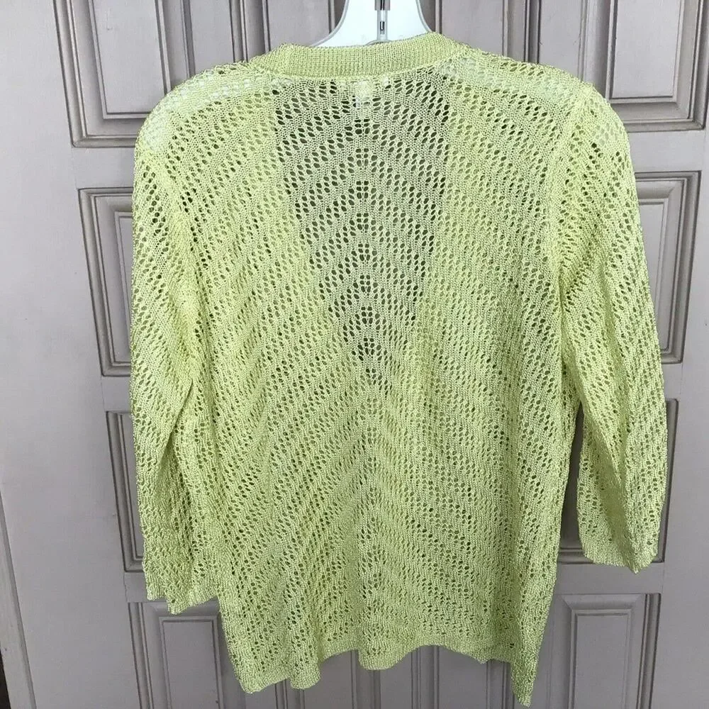 Chico's Sweater Sz1 Cardigan Yellow Open Knit V Neck Buttons 3/4 Sleeve Used